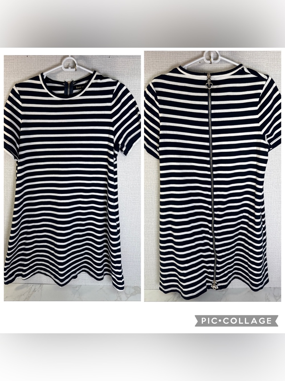 Kate Spade Large Stripe Black White Blue Zip Back Knit Shift T Shirt Dress 0486G